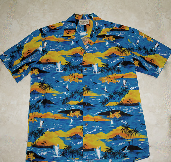 Hawaiian Shirt 100% polyester<br>#48 Blue/ yellow flower 3XL