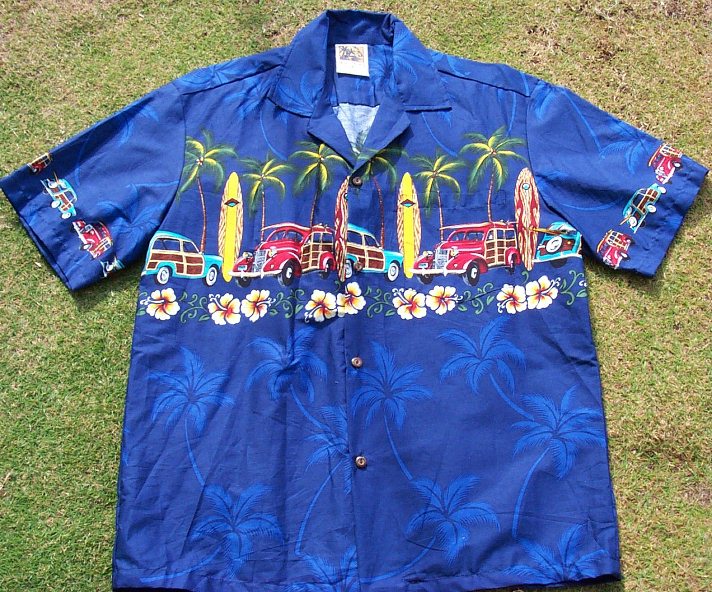 108 Hawaii shirt, Palm Tree Woody Blue, size M to 2XL