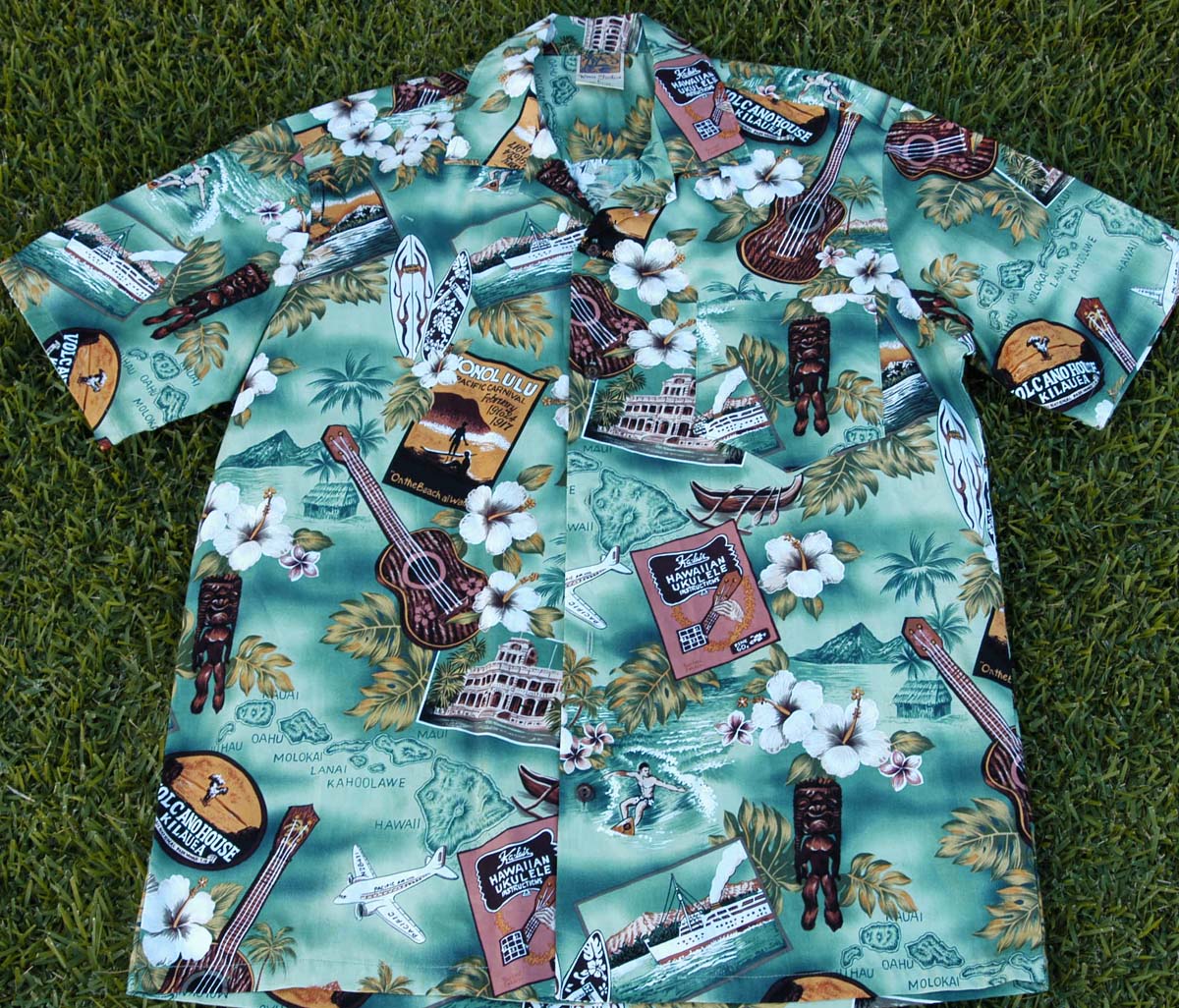 122 Hawaiian shirt, Green Ukulele, M-2XL