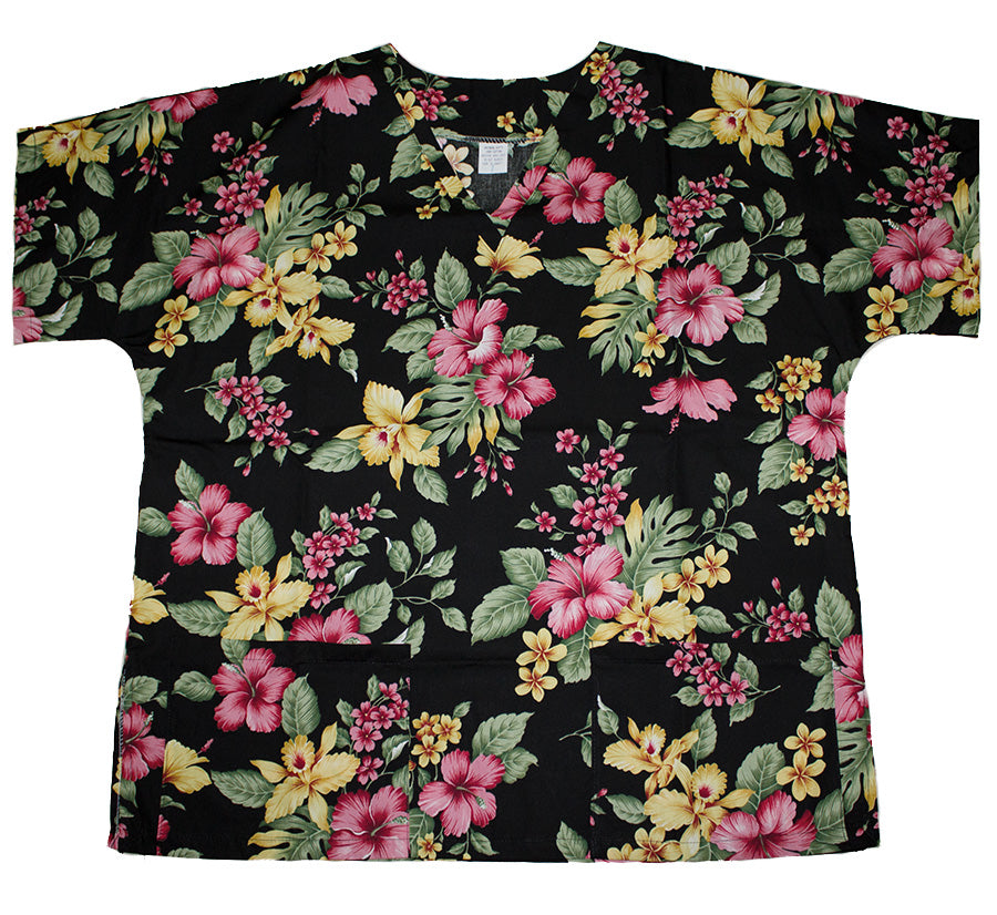 #36 Hawaii Scrub Top, Pink and Yellow flower