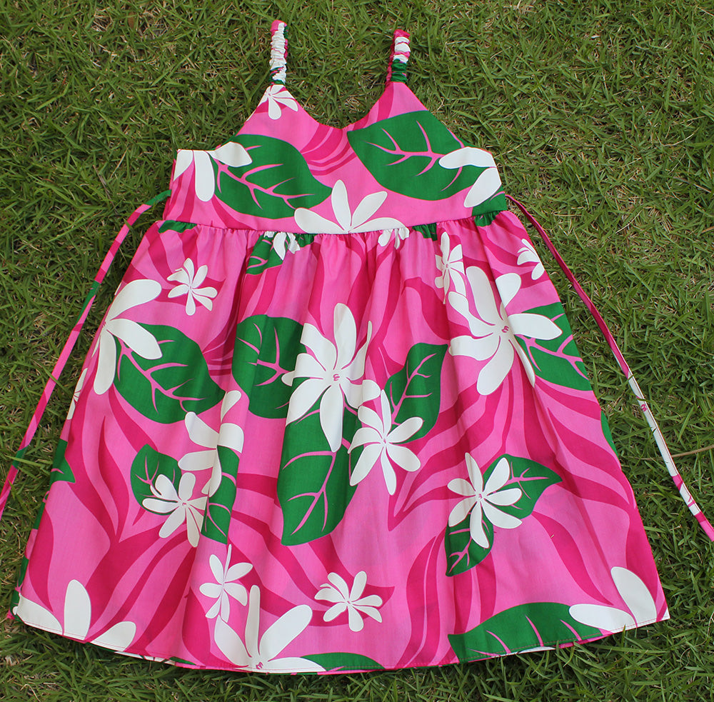 Girls Hawaiian sun dress<br>Pink /green leaf