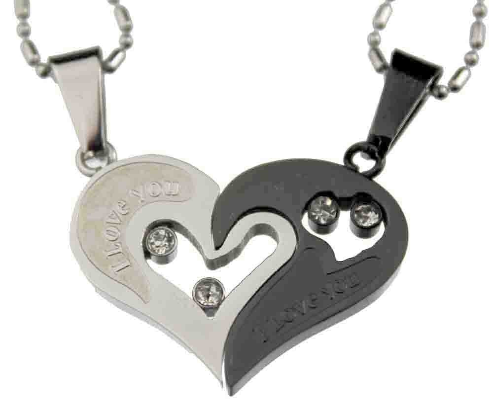 Lovers /couple pendant set <br>Silver & black tone