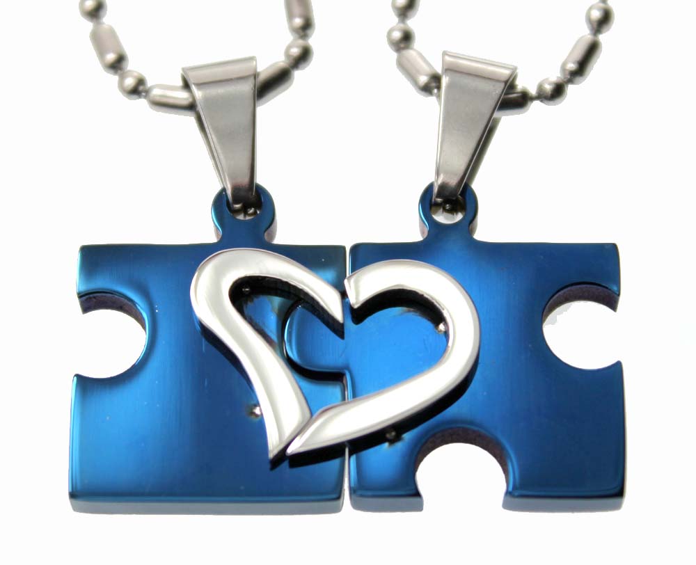 Lovers /couple pendant set <br>Blue Puzzle split heart