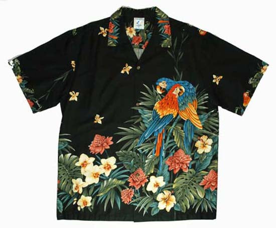153 Hawaii shirt  Black big parrots,