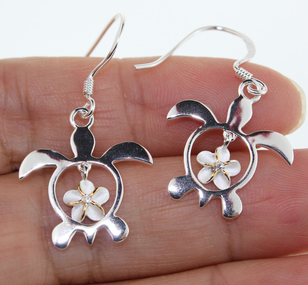 Silver earrings<br>Turtle w/ dangling plumeria