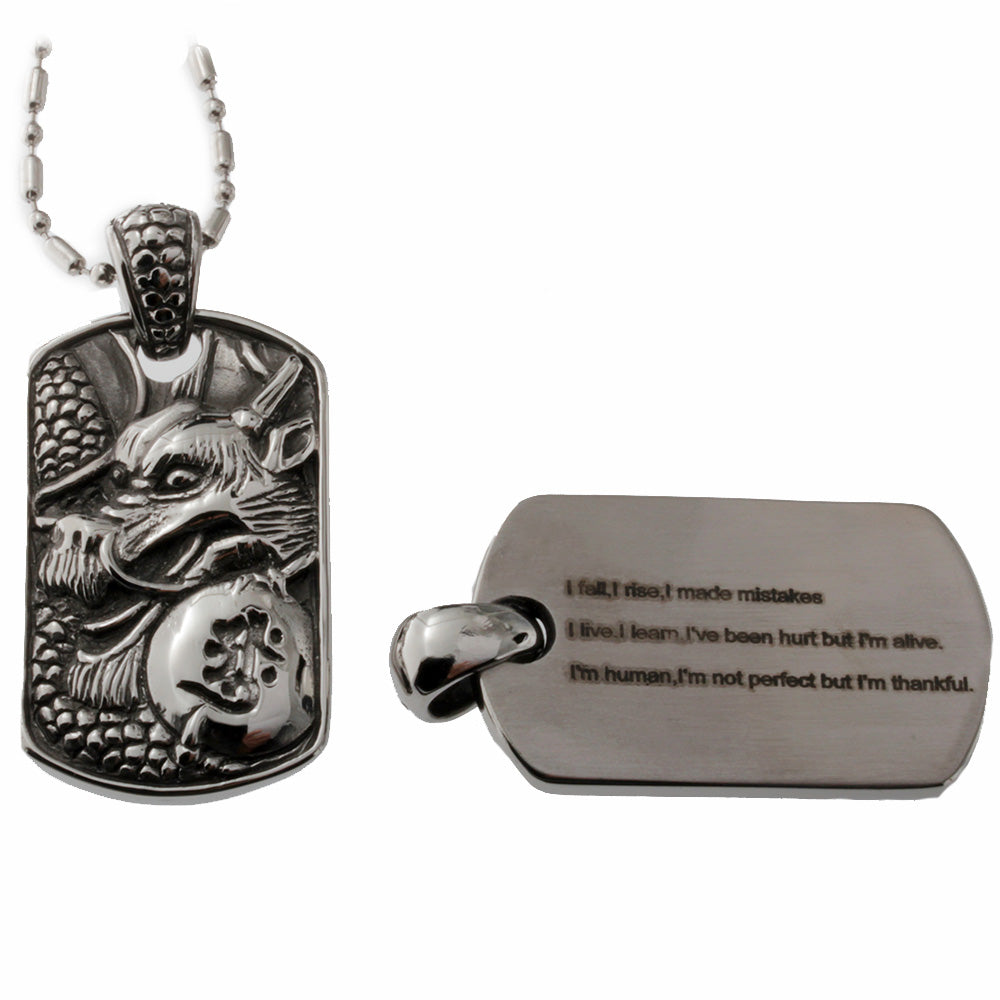 Mens Dog Tag Stainless Steel Dragon Pendant