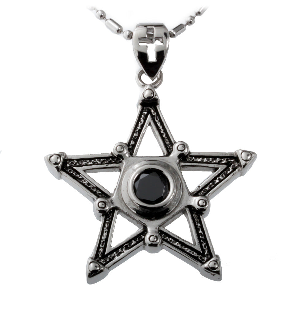 The Five Pointed Star With Black Crystal<br> Pendant Necklace